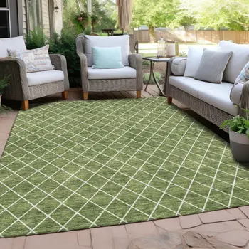 5' X 8' Green And Ivory Geometric Washable Indoor Outdoor Area Rug