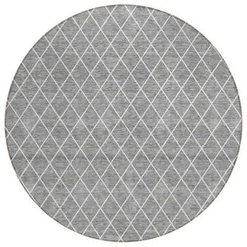 8' Gray And Ivory Round Geometric Washable Indoor Outdoor Area Rug