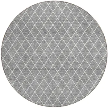 8' Gray And Ivory Round Geometric Washable Indoor Outdoor Area Rug