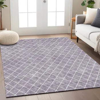 9' X 12' Lavender And Ivory Geometric Washable Indoor Outdoor Area Rug