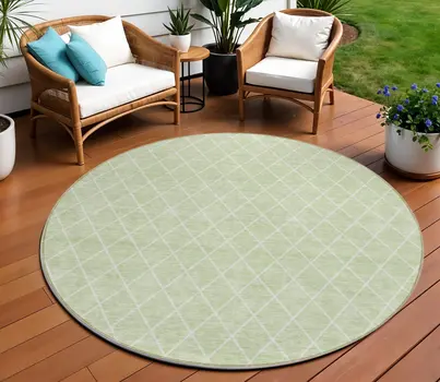 8' Mint Green And Ivory Round Geometric Washable Indoor Outdoor Area Rug