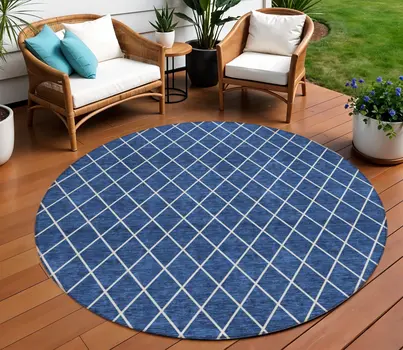 8' Navy Blue And Ivory Round Geometric Washable Indoor Outdoor Area Rug
