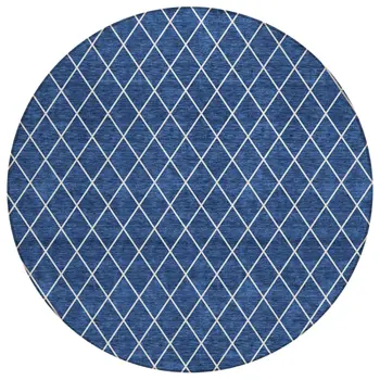 8' Navy Blue And Ivory Round Geometric Washable Indoor Outdoor Area Rug