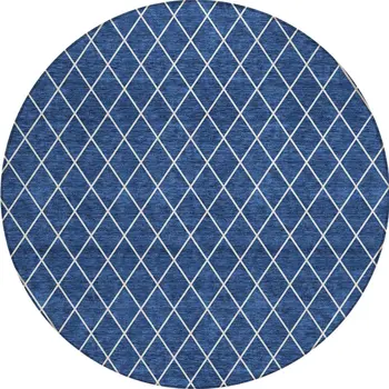 8' Navy Blue And Ivory Round Geometric Washable Indoor Outdoor Area Rug