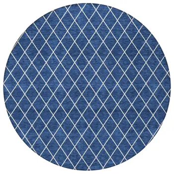 8' Navy Blue And Ivory Round Geometric Washable Indoor Outdoor Area Rug