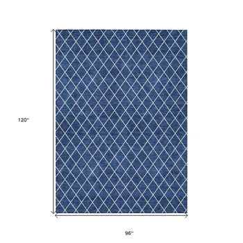 8' X 10' Navy Blue And Ivory Geometric Washable Indoor Outdoor Area Rug