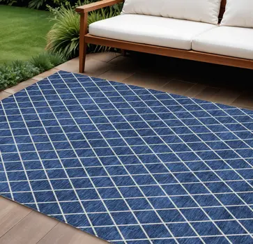 8' X 10' Navy Blue And Ivory Geometric Washable Indoor Outdoor Area Rug