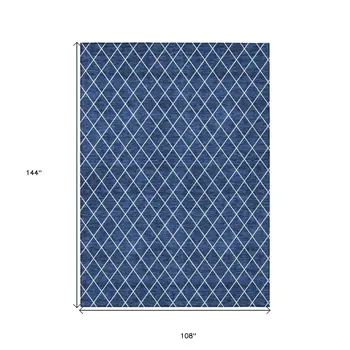 9' X 12' Navy Blue And Ivory Geometric Washable Indoor Outdoor Area Rug
