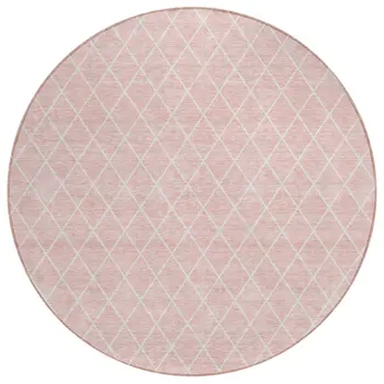 8' Pink And Gray Round Geometric Washable Indoor Outdoor Area Rug