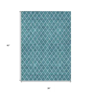3' X 5' Teal Blue And Ivory Geometric Washable Indoor Outdoor Area Rug