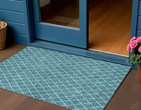 3' X 5' Teal Blue And Ivory Geometric Washable Indoor Outdoor Area Rug