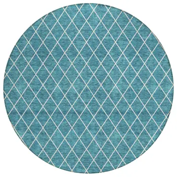 8' Teal Blue And Ivory Round Geometric Washable Indoor Outdoor Area Rug