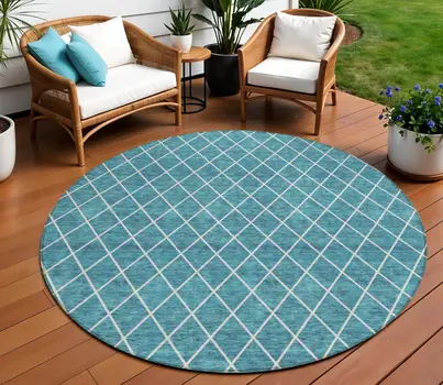 8' Teal Blue And Ivory Round Geometric Washable Indoor Outdoor Area Rug