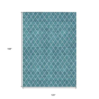 10' X 14' Teal Blue And Ivory Geometric Washable Indoor Outdoor Area Rug
