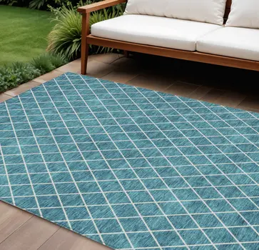 10' X 14' Teal Blue And Ivory Geometric Washable Indoor Outdoor Area Rug