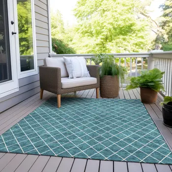 10' X 14' Teal Blue And Ivory Geometric Washable Indoor Outdoor Area Rug