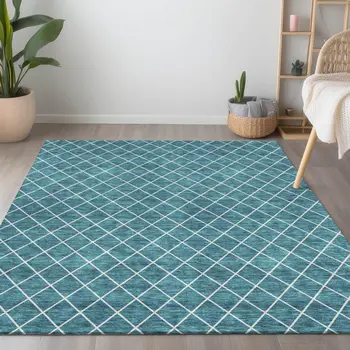 10' X 14' Teal Blue And Ivory Geometric Washable Indoor Outdoor Area Rug