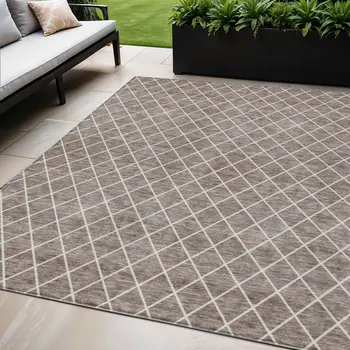 5' X 8' Taupe And Ivory Geometric Washable Indoor Outdoor Area Rug