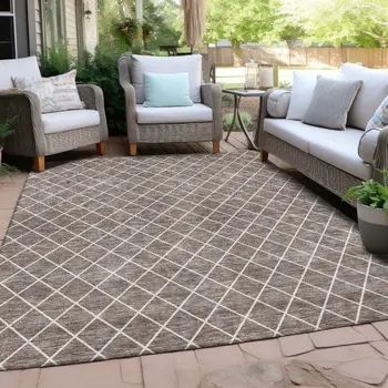 5' X 8' Taupe And Ivory Geometric Washable Indoor Outdoor Area Rug