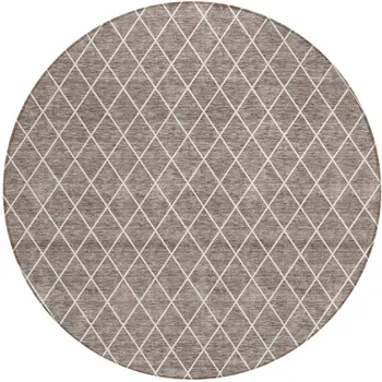 8' Taupe And Ivory Round Geometric Washable Indoor Outdoor Area Rug