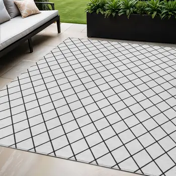 5' X 8' White And Black Geometric Washable Indoor Outdoor Area Rug