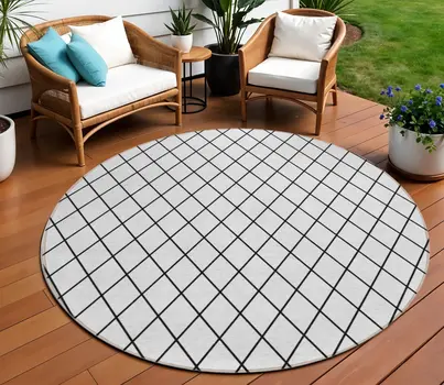 8' White And Black Round Geometric Washable Indoor Outdoor Area Rug