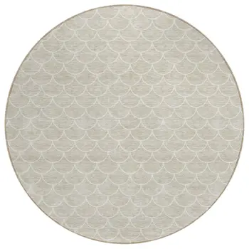 8' Beige And Ivory Round Geometric Washable Indoor Outdoor Area Rug