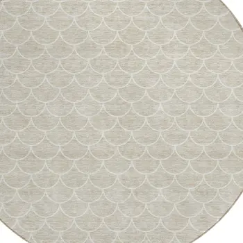 8' Beige And Ivory Round Geometric Washable Indoor Outdoor Area Rug