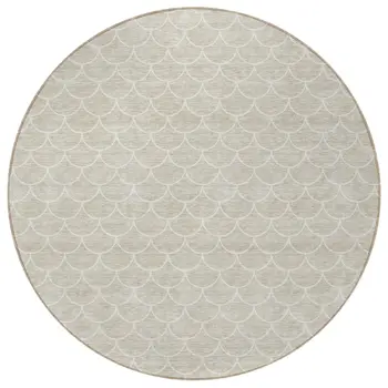 8' Beige And Ivory Round Geometric Washable Indoor Outdoor Area Rug
