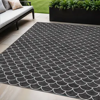 5' X 8' Black And Ivory Geometric Washable Indoor Outdoor Area Rug