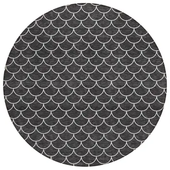 8' Black And Ivory Round Geometric Washable Indoor Outdoor Area Rug