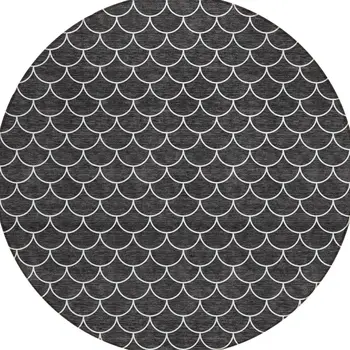 8' Black And Ivory Round Geometric Washable Indoor Outdoor Area Rug