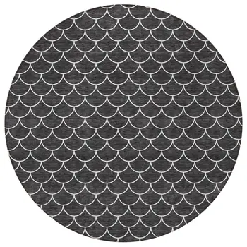8' Black And Ivory Round Geometric Washable Indoor Outdoor Area Rug