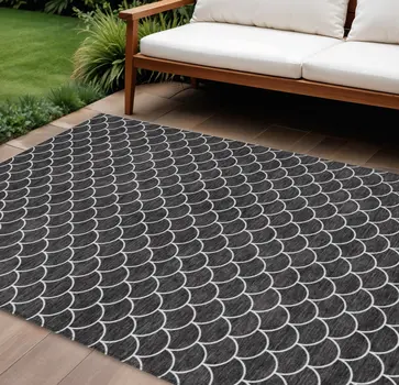9' X 12' Black And Ivory Geometric Washable Indoor Outdoor Area Rug