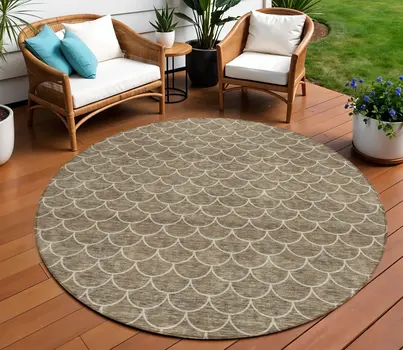 8' Brown And Beige Round Geometric Washable Indoor Outdoor Area Rug