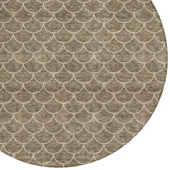 8' Brown And Beige Round Geometric Washable Indoor Outdoor Area Rug