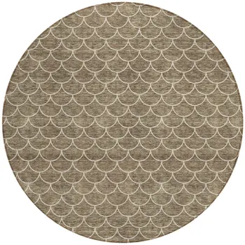 8' Brown And Beige Round Geometric Washable Indoor Outdoor Area Rug