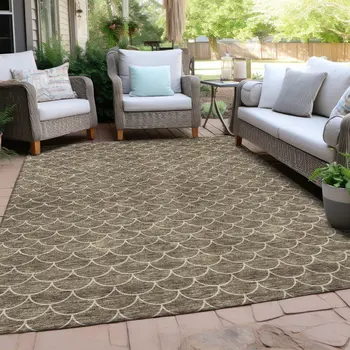 9' X 12' Brown And Beige Geometric Washable Indoor Outdoor Area Rug