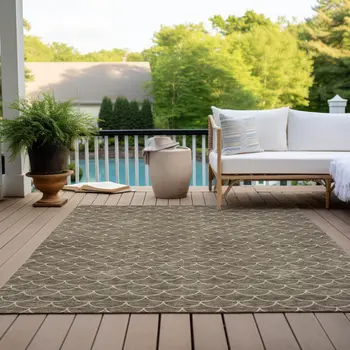 9' X 12' Brown And Beige Geometric Washable Indoor Outdoor Area Rug