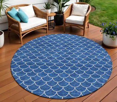 8' Blue And Ivory Round Geometric Washable Indoor Outdoor Area Rug
