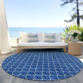 8' Blue And Ivory Round Geometric Washable Indoor Outdoor Area Rug