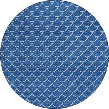 8' Blue And Ivory Round Geometric Washable Indoor Outdoor Area Rug