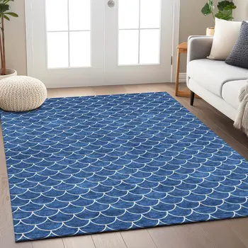 8' X 10' Blue And Ivory Geometric Washable Indoor Outdoor Area Rug