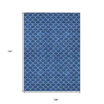9' X 12' Blue And Ivory Geometric Washable Indoor Outdoor Area Rug