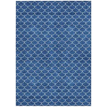 9' X 12' Blue And Ivory Geometric Washable Indoor Outdoor Area Rug