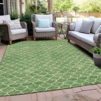 5' X 8' Green And Ivory Geometric Washable Indoor Outdoor Area Rug