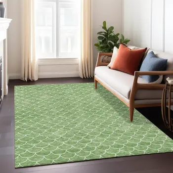 5' X 8' Green And Ivory Geometric Washable Indoor Outdoor Area Rug