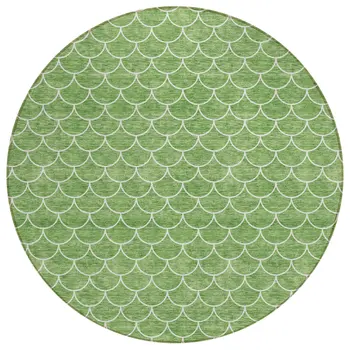 8' Green And Ivory Round Geometric Washable Indoor Outdoor Area Rug