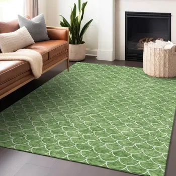 10' X 14' Green And Ivory Geometric Washable Indoor Outdoor Area Rug