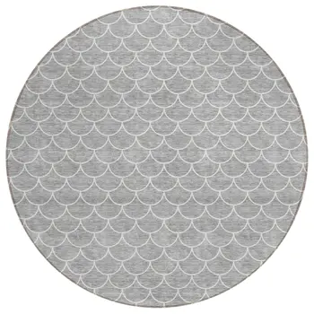 8' Gray And Ivory Round Geometric Washable Indoor Outdoor Area Rug